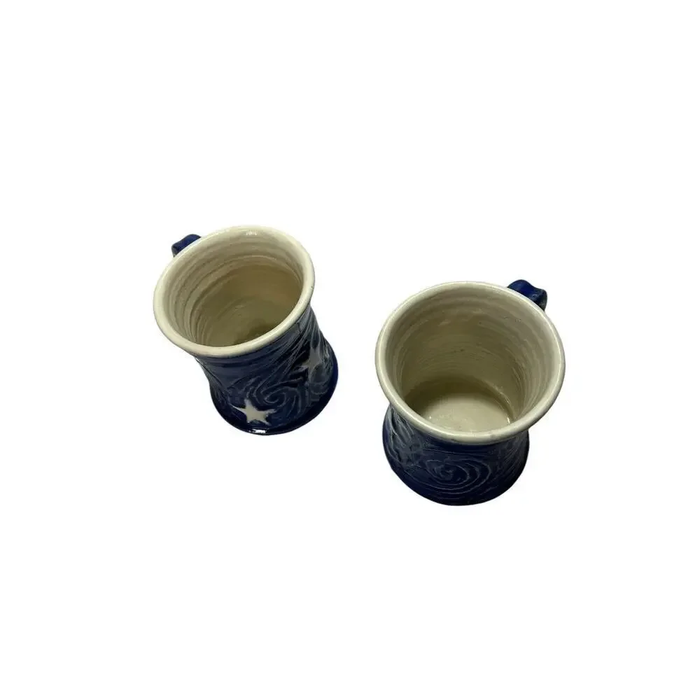 Handmade Art Ceramic Pottery Pair Of Sun And Moon Mugs Blue And White 2 Cups